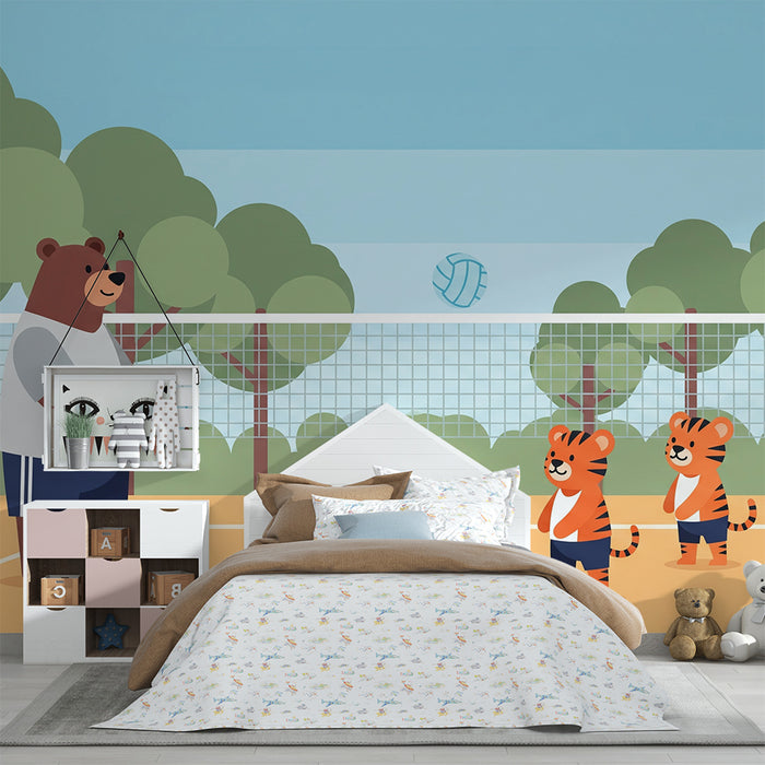 Papier peint chambre enfant | Ours et tigres jouant au volley-ball dans un parc ensoleillé