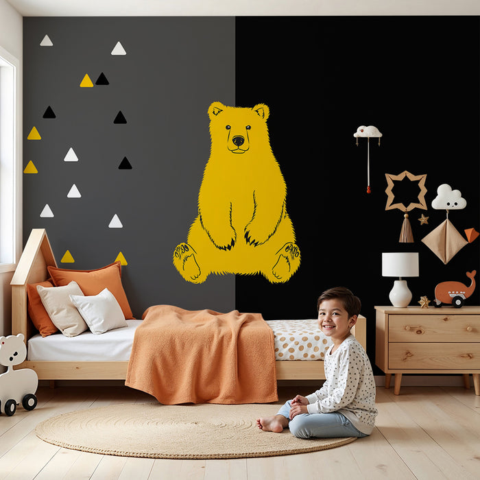 Tapet pentru camera copilului | Urs galben pe fundal negru cu modele geometrice