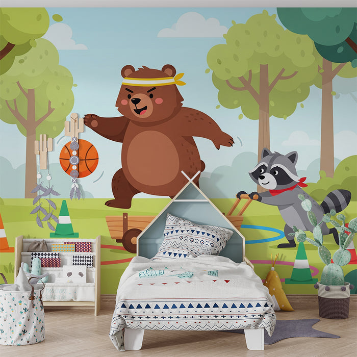 Behang kinderkamer | Speelse basketballende beer en stoute wasbeer in het bos