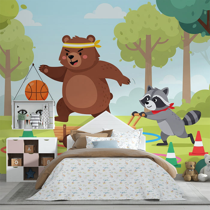 Behang kinderkamer | Speelse basketballende beer en stoute wasbeer in het bos