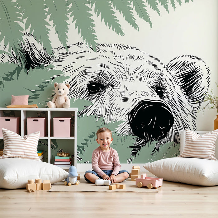 Papier peint chambre enfant | Ours majestueux caché derrière des fougères délicates