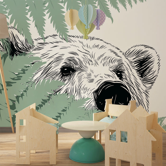 Papier peint chambre enfant | Ours majestueux caché derrière des fougères délicates