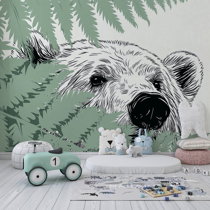 Papier peint chambre enfant | Ours majestueux caché derrière des fougères délicates