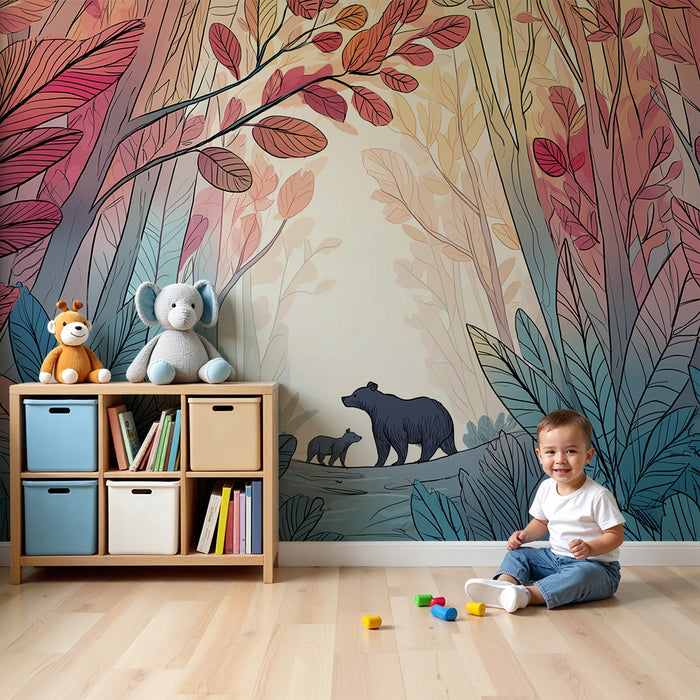 Kinderzimmer Tapete | Majestätischer Bär und bunter Wald mit lebendigem Laubwerk