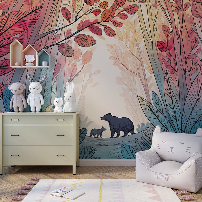 Kinderzimmer Tapete | Majestätischer Bär und bunter Wald mit lebendigem Laubwerk