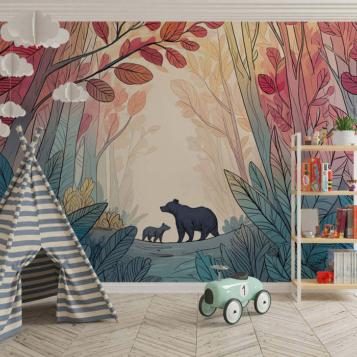 Kinderzimmer Tapete | Majestätischer Bär und bunter Wald mit lebendigem Laubwerk