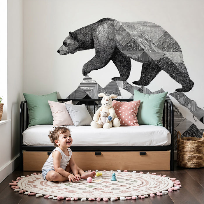 Papel de parede para quarto de criança | Urso majestoso numa montanha geométrica a preto e branco