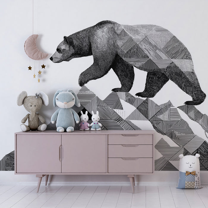 Papel de parede para quarto de criança | Urso majestoso numa montanha geométrica a preto e branco