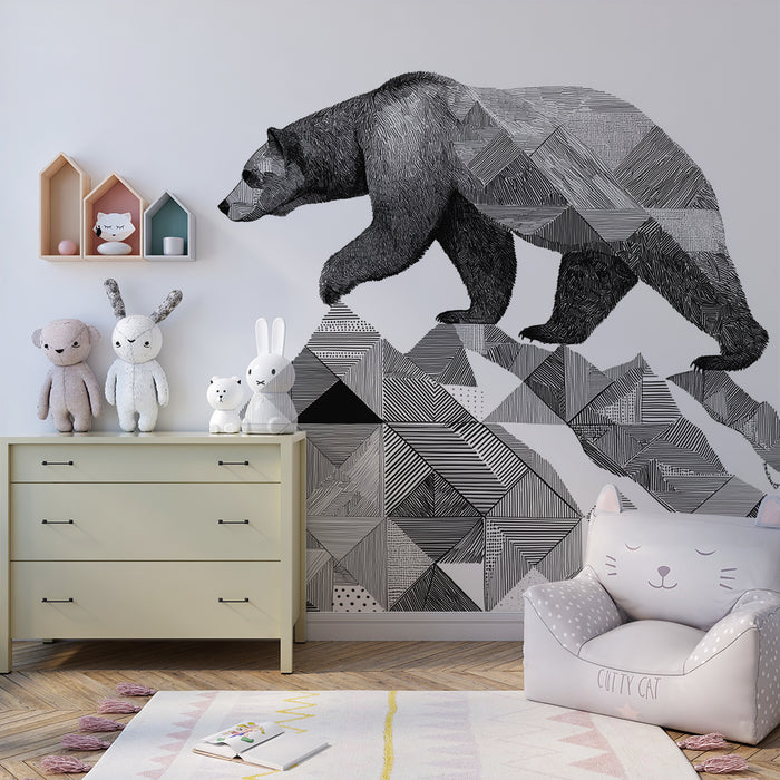 Papel de parede para quarto de criança | Urso majestoso numa montanha geométrica a preto e branco