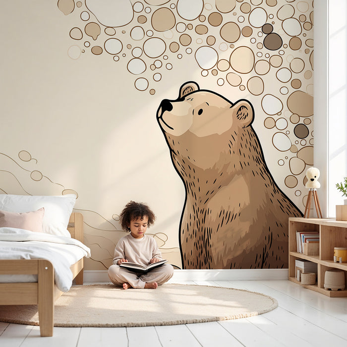 Papier peint chambre enfant | Ours mignon dans un décor doux et naturel