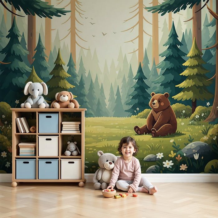 Papier peint chambre enfant | Ours mignon dans une forêt enchantée