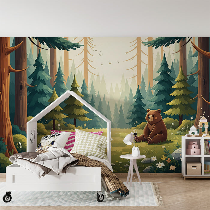Papier peint chambre enfant | Ours mignon dans une forêt enchantée