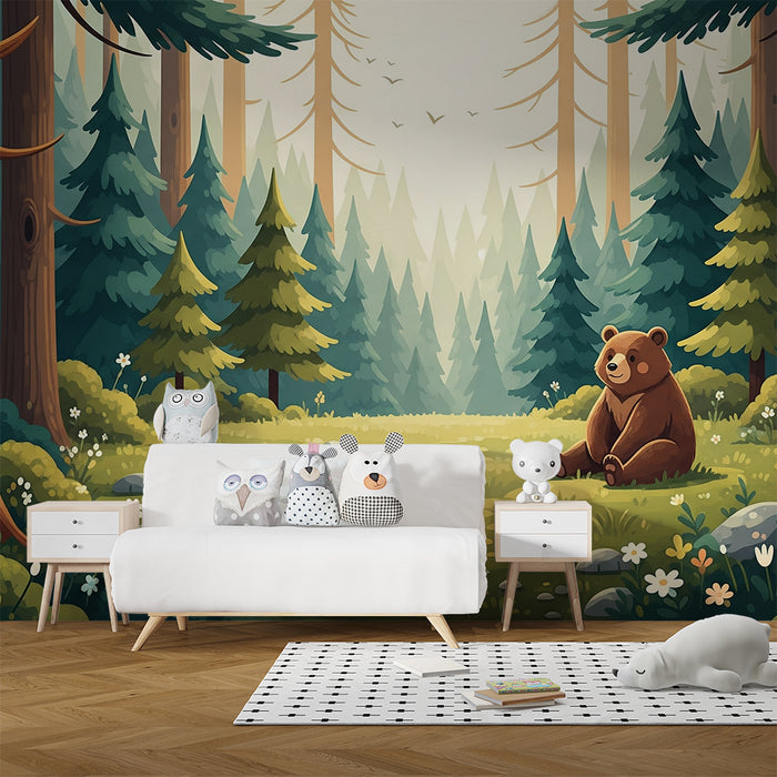Papier peint chambre enfant | Ours mignon dans une forêt enchantée