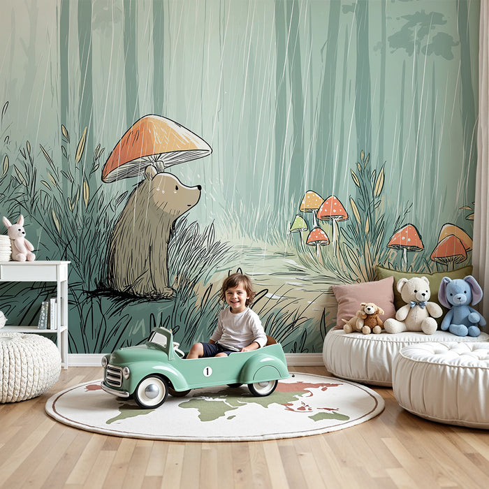 Papier peint chambre enfant | Ours mignon sous un champignon dans une forêt enchantée