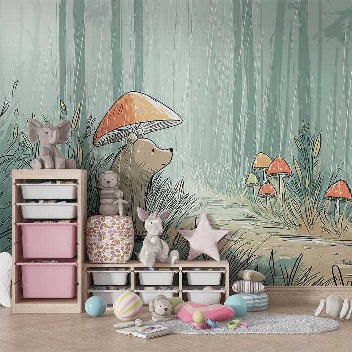 Papier peint chambre enfant | Ours mignon sous un champignon dans une forêt enchantée