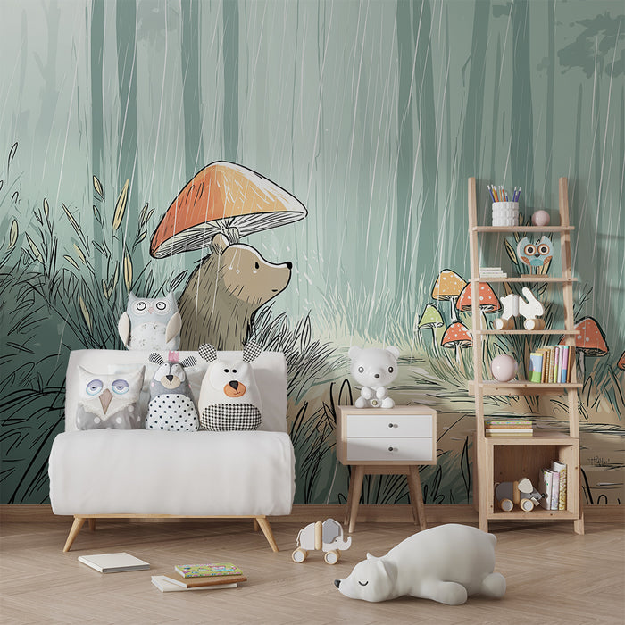 Papier peint chambre enfant | Ours mignon sous un champignon dans une forêt enchantée