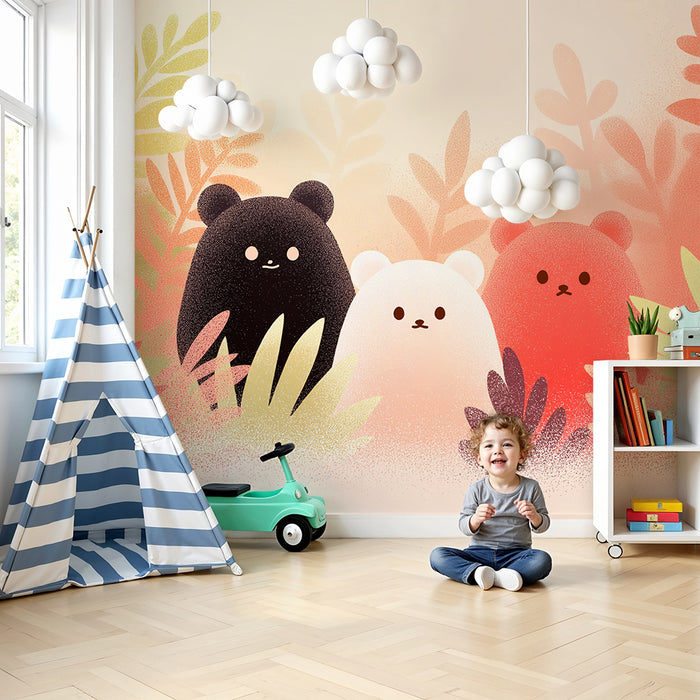Papel pintado infantil | Ositos adorables en una selva colorida