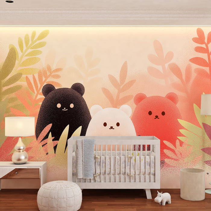 Papel pintado infantil | Ositos adorables en una selva colorida