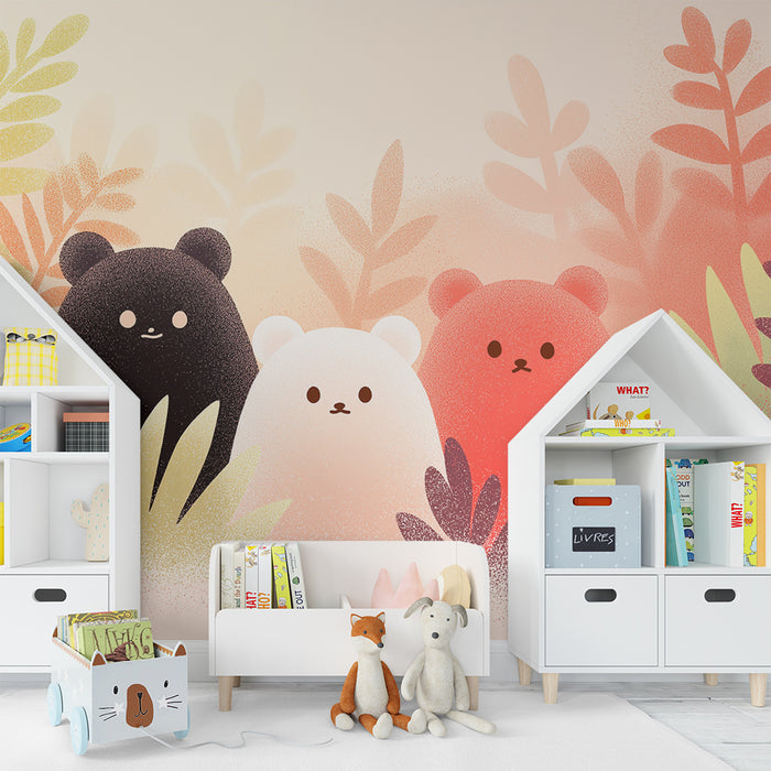 Papel pintado infantil | Ositos adorables en una selva colorida
