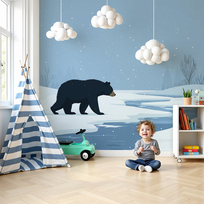 Papier peint chambre enfant | Ours noir dans un paysage d'hiver enneigé