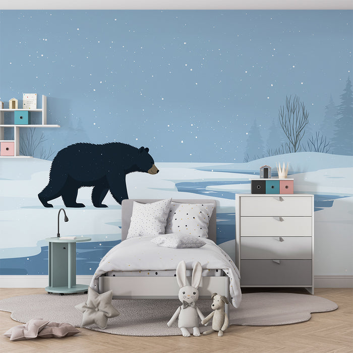 Papier peint chambre enfant | Ours noir dans un paysage d'hiver enneigé