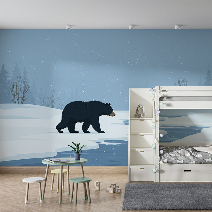 Papier peint chambre enfant | Ours noir dans un paysage d'hiver enneigé