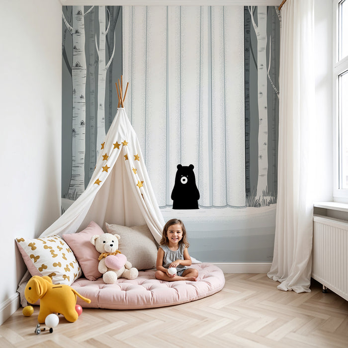 Kinderzimmer Tapete | Schwarzer Bär in einem verschneiten Wald