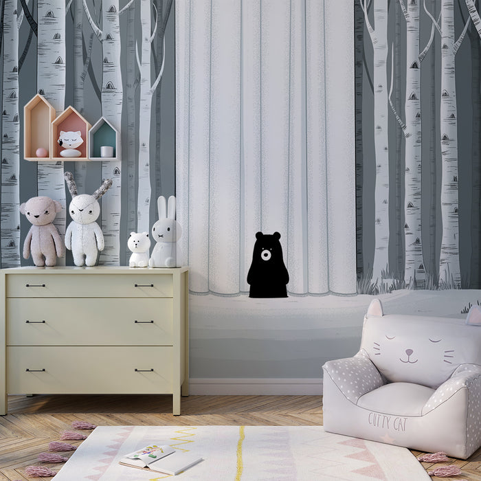 Kinderzimmer Tapete | Schwarzer Bär in einem verschneiten Wald