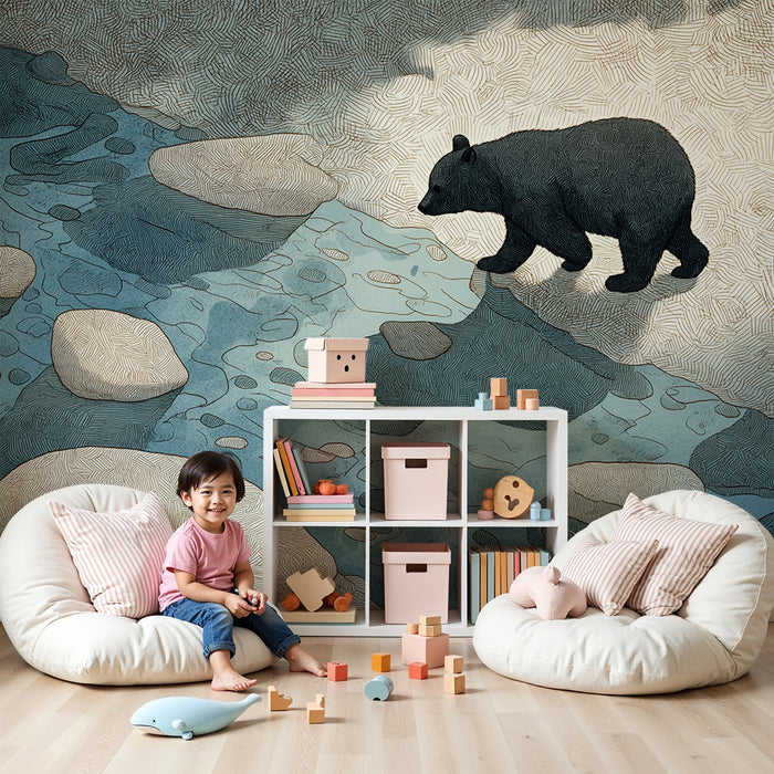 Papier peint chambre enfant | Ours noir marchant près d'un ruisseau