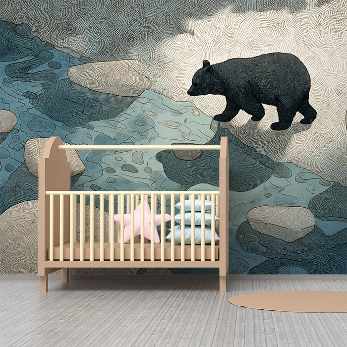 Papier peint chambre enfant | Ours noir marchant près d'un ruisseau