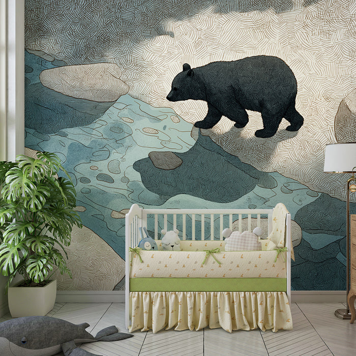 Papier peint chambre enfant | Ours noir marchant près d'un ruisseau