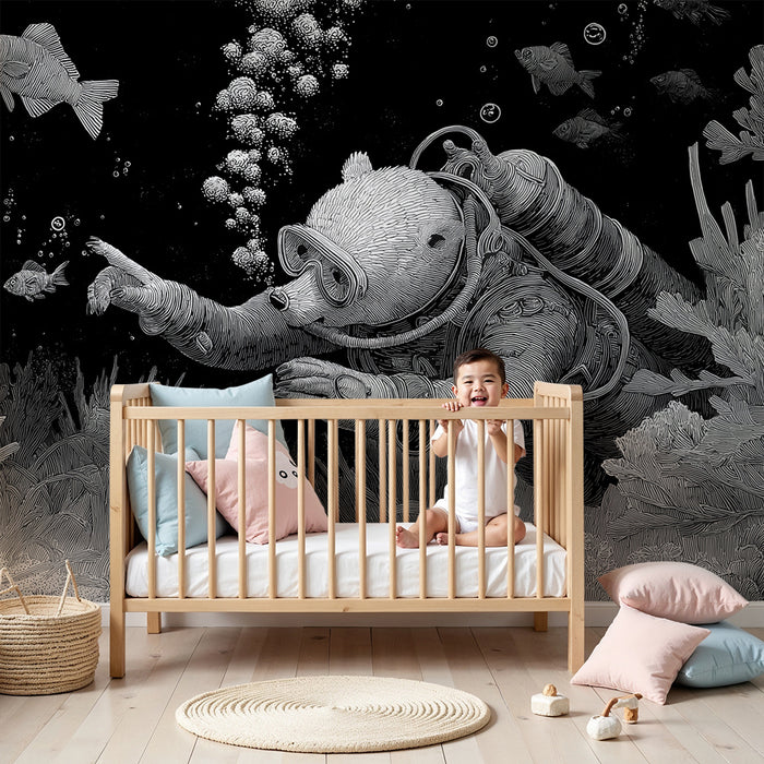 Papier peint chambre enfant | Ours plongeur explorant un monde sous-marin