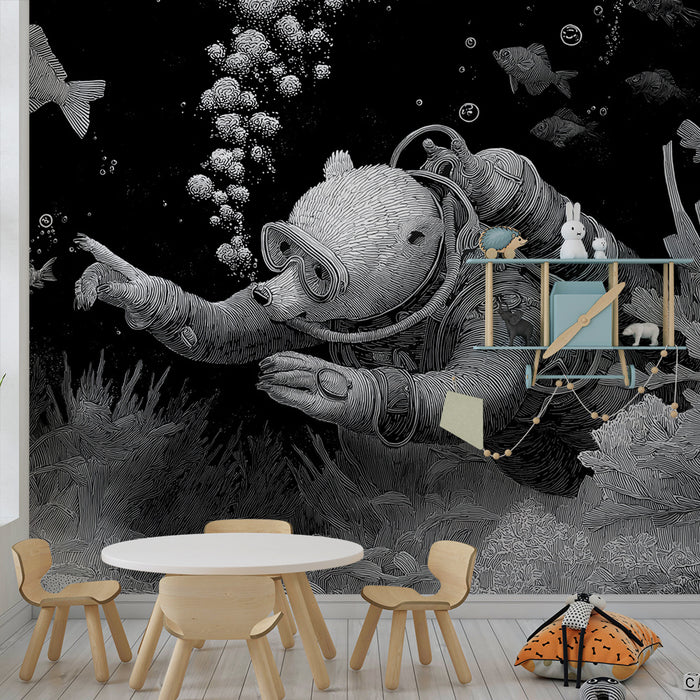Papier peint chambre enfant | Ours plongeur explorant un monde sous-marin