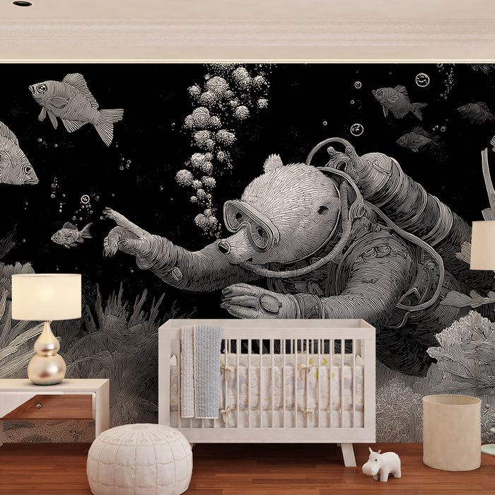 Papier peint chambre enfant | Ours plongeur explorant un monde sous-marin