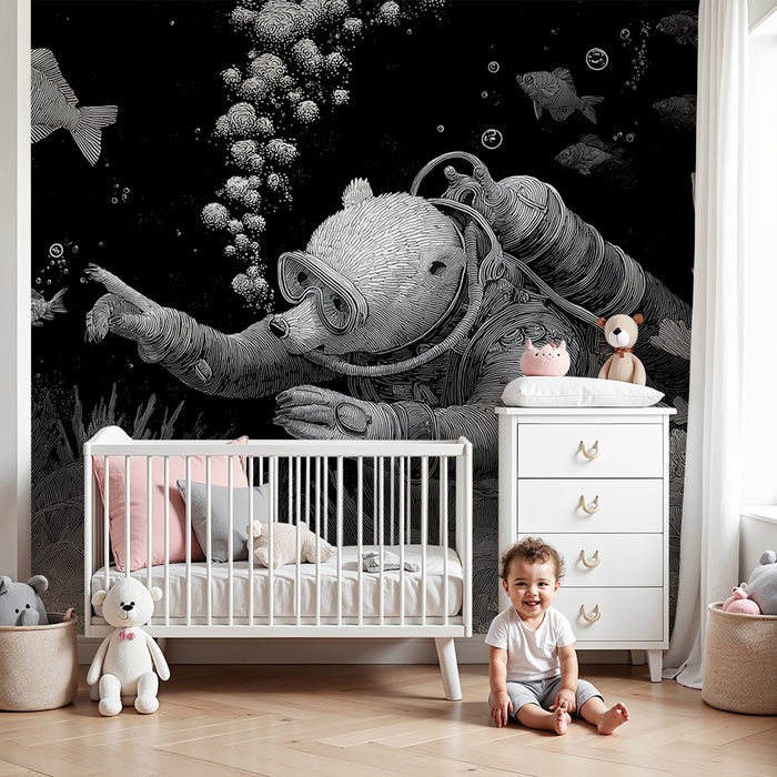 Papier peint chambre enfant | Ours plongeur explorant un monde sous-marin