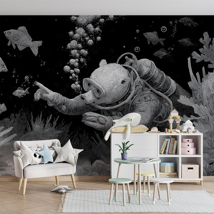 Papier peint chambre enfant | Ours plongeur explorant un monde sous-marin