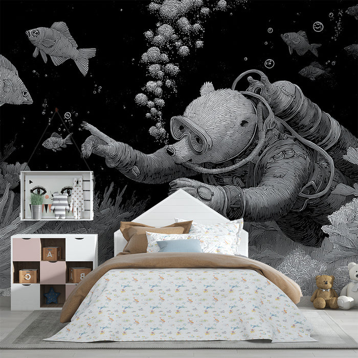 Papier peint chambre enfant | Ours plongeur explorant un monde sous-marin