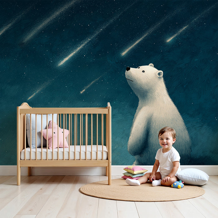 Kinderzimmer Tapete | Eisbär betrachtet die Sternschnuppen