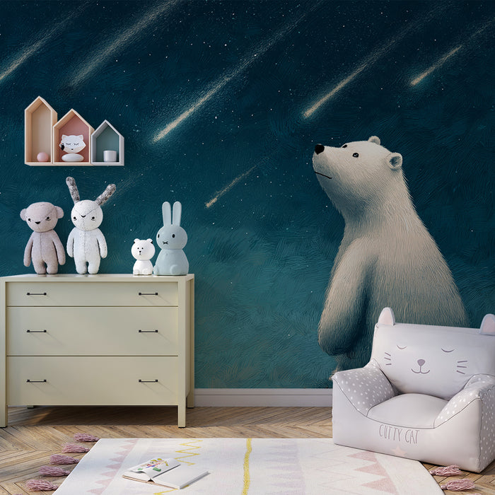 Kinderzimmer Tapete | Eisbär betrachtet die Sternschnuppen