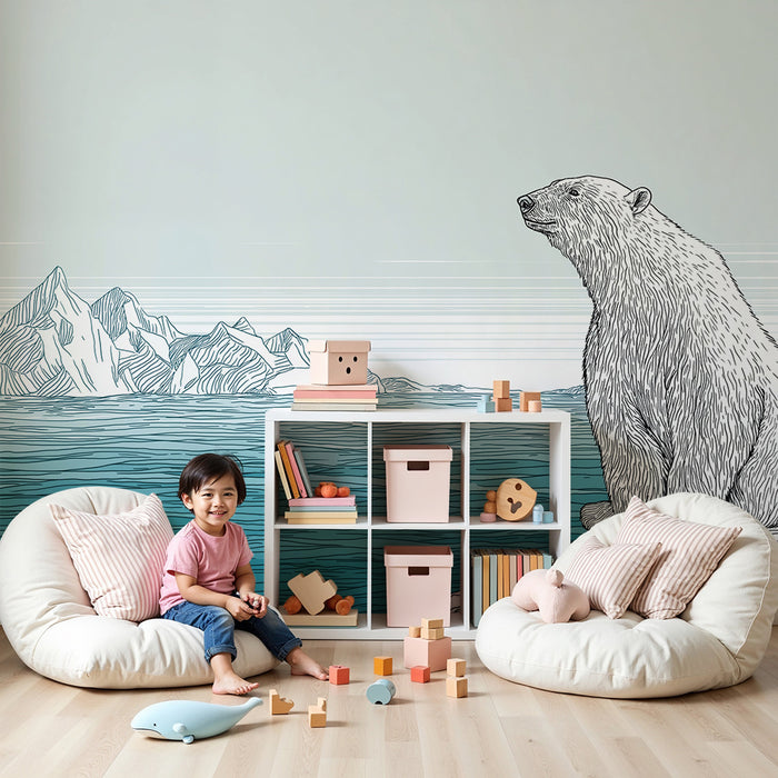 Papier peint chambre enfant | Ours polaire contemplant un paysage glaciaire
