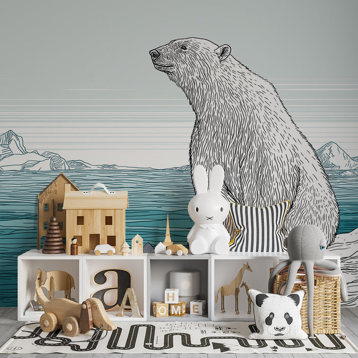 Papier peint chambre enfant | Ours polaire contemplant un paysage glaciaire