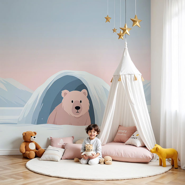 Kids room wallpaper | Polar bear in an igloo under a pastel sky