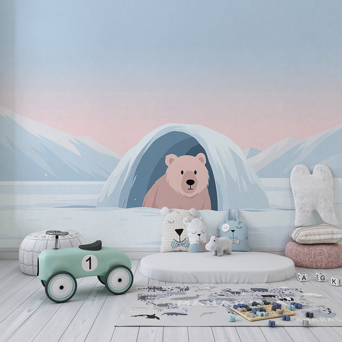 Kids room wallpaper | Polar bear in an igloo under a pastel sky