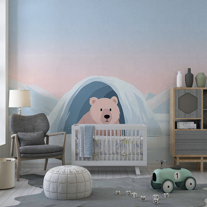 Kids room wallpaper | Polar bear in an igloo under a pastel sky