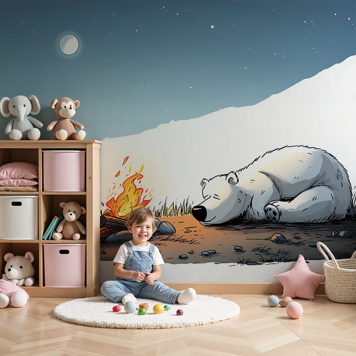 Papier peint chambre enfant | Ours polaire endormi près d'un feu de camp sous la lune