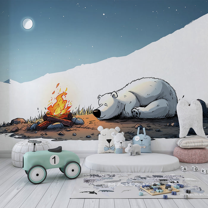 Papier peint chambre enfant | Ours polaire endormi près d'un feu de camp sous la lune