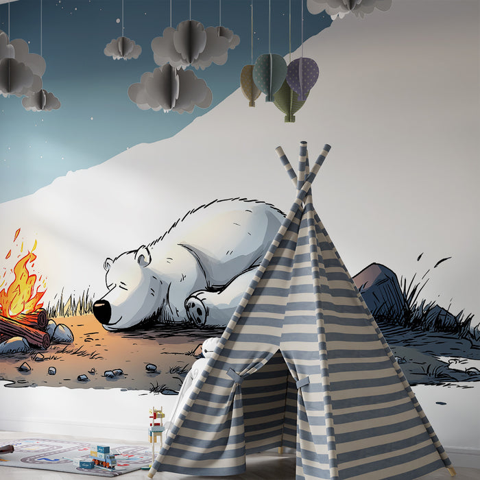Papier peint chambre enfant | Ours polaire endormi près d'un feu de camp sous la lune