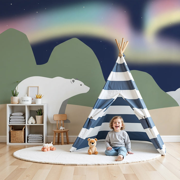 Carta da parati bambini | Orso polare e aurora boreale