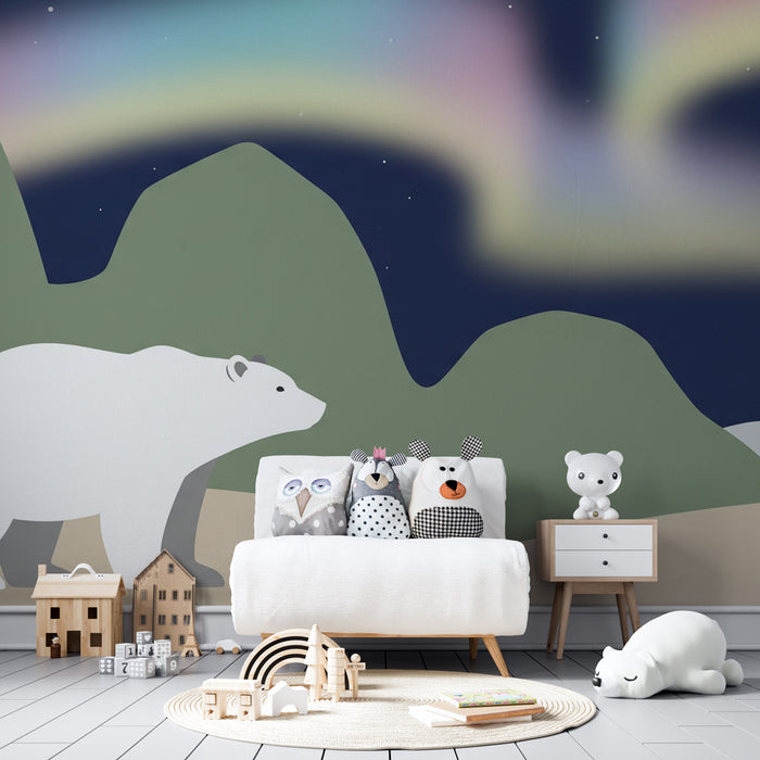 Carta da parati bambini | Orso polare e aurora boreale