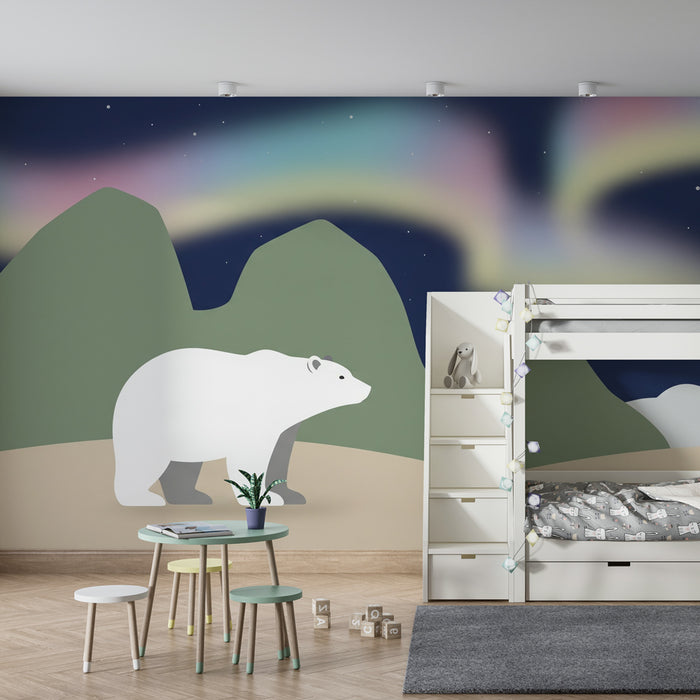 Carta da parati bambini | Orso polare e aurora boreale